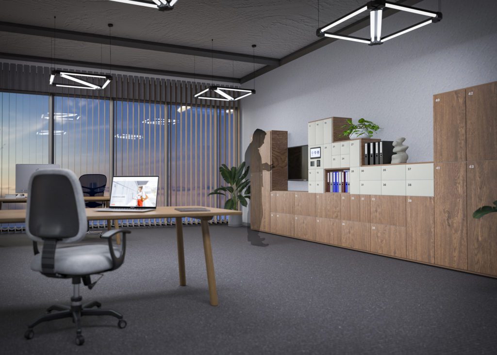 Moderne OfficeLine Schließfachanlagen in einem Büroumfeld.