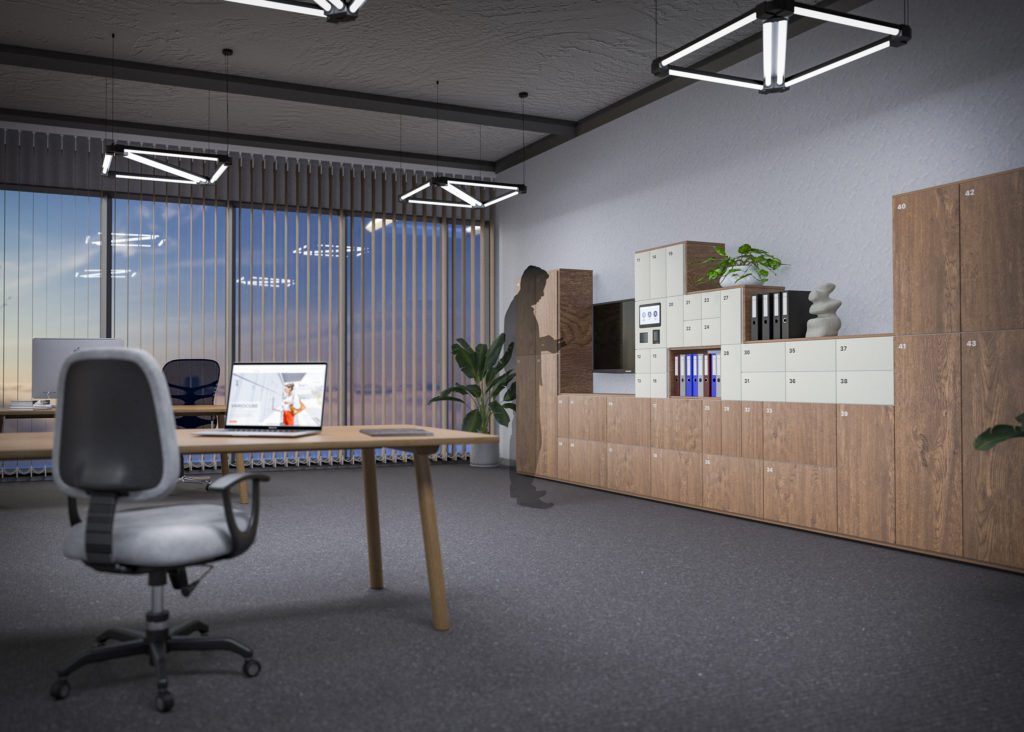 Modern OfficeLine locker systems in an office environment.