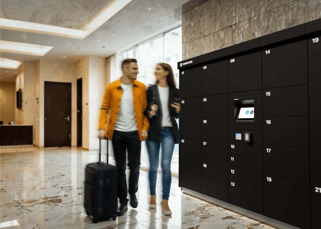 Variocube's smart luggage storage in a hotel lobby